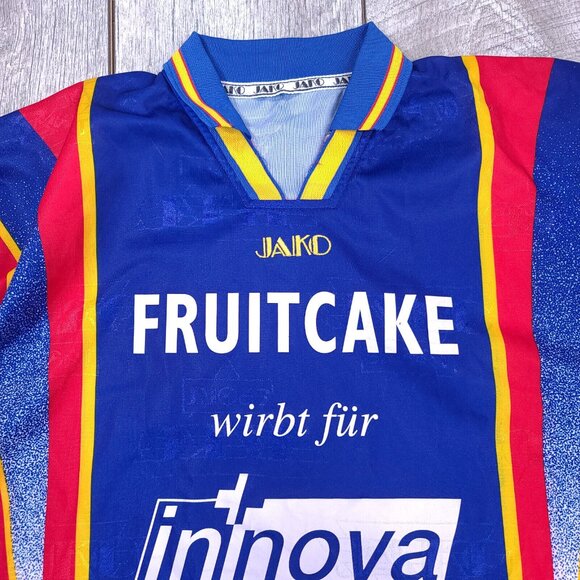 Vintage 90s Jako Mens Jersey Size XL Red Blue Soccer Football Short Sleeve Top - Picture 4 of 4